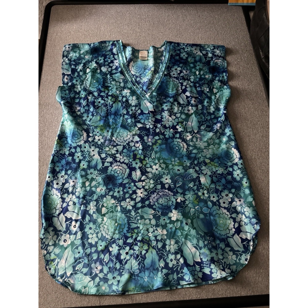 Sophia By Delicates Nightgown 1X Blue Floral V-neck Short Satin Sleepwear Womens